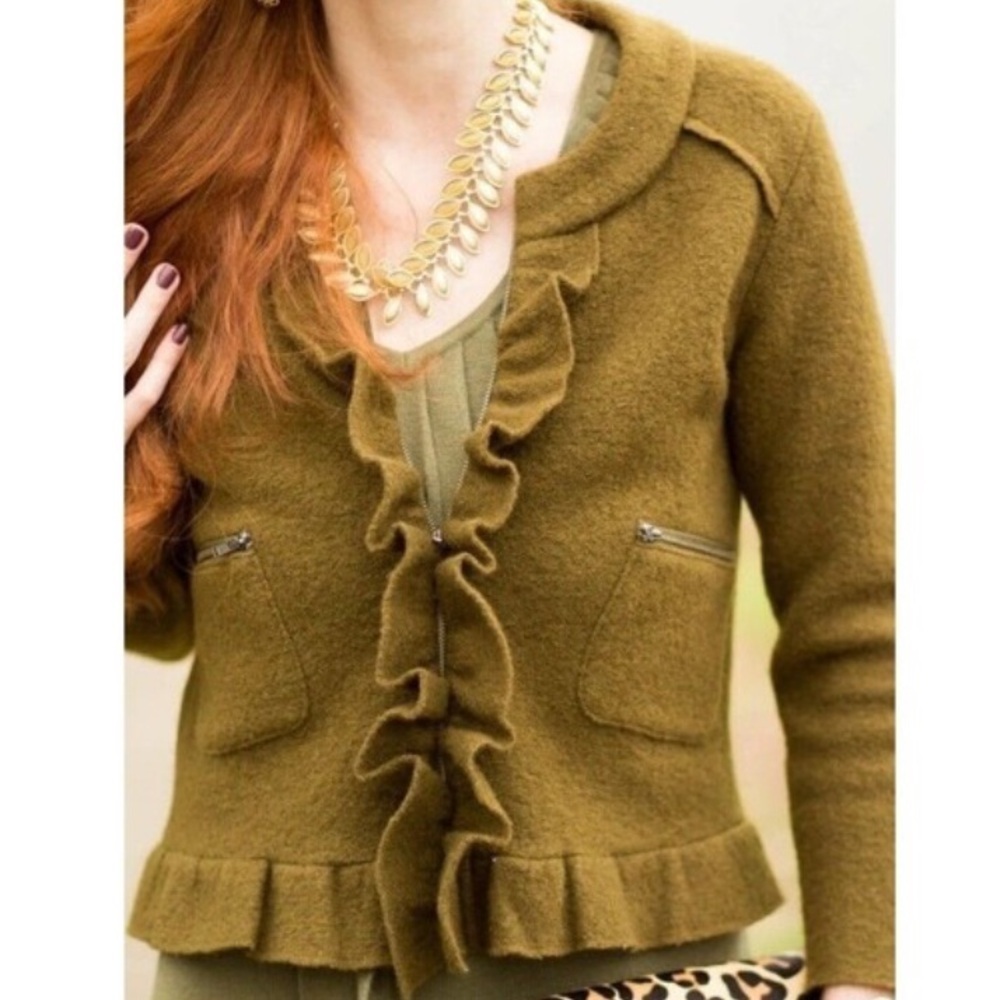 LOFT 100% Merino Wool Olive Green Ruffle Front Women's Jacket/Cardigan